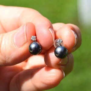 Diamond (2mm) Stud Earrings with Black Akoya Pearl (7mm) Charms Platinum
